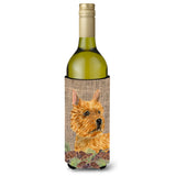 Norwich Terrier On Faux Burlap With Pine Cones Wine Bottle Beverage Insulator Beverage Insulator Hugger