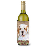 Clumber Spaniel On Faux Burlap With Pine Cones Wine Bottle Beverage Insulator Beverage Insulator Hugger