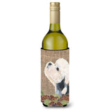 Dandie Dinmont Terrier On Faux Burlap With Pine Cones Wine Bottle Beverage Insulator Beverage Insulator Hugger