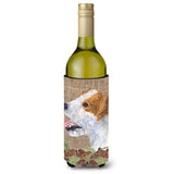 Jack Russell Terrier On Faux Burlap With Pine Cones Wine Bottle Beverage Insulator Beverage Insulator Hugger
