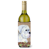 White Boxer On Faux Burlap With Pine Cones Wine Bottle Beverage Insulator Beverage Insulator Hugger
