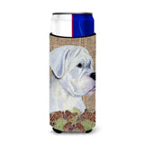 White Boxer On Faux Burlap With Pine Cones Ultra Beverage Insulators For Slim Cans Ss4098Muk