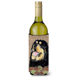 Tibetan Mastiff On Faux Burlap With Pine Cones Wine Bottle Beverage Insulator Beverage Insulator Hugger