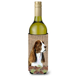Springer Spaniel On Faux Burlap With Pine Cones Wine Bottle Beverage Insulator Beverage Insulator Hugger