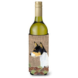 Basenji On Faux Burlap With Pine Cones Wine Bottle Beverage Insulator Beverage Insulator Hugger