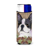 Boston Terrier On Faux Burlap With Pine Cones Ultra Beverage Insulators For Slim Cans Ss4105Muk