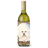 Bichon Frise On Faux Burlap With Pine Cones Wine Bottle Beverage Insulator Beverage Insulator Hugger