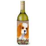 Cavalier Spaniel On Faux Burlap With Pine Cones Wine Bottle Beverage Insulator Beverage Insulator Hugger