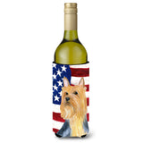 Usa American Flag With Silky Terrier Wine Bottle Beverage Insulator Beverage Insulator Hugger