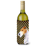 Fox Terrier Candy Corn Halloween Portrait Wine Bottle Beverage Insulator Beverage Insulator Hugger