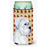 Boxer White Fall Leaves Portrait Tall Boy Beverage Insulator Beverage Insulator Hugger