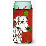 Dalmatian Red And Green Snowflakes Holiday Christmas Tall Boy Beverage Insulator Beverage Insulator Hugger