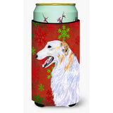 Borzoi Red And Green Snowflakes Holiday Christmas Tall Boy Beverage Insulator Beverage Insulator Hugger