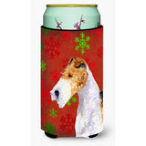 Fox Terrier Red And Green Snowflakes Holiday Christmas Tall Boy Beverage Insulator Beverage Insulator Hugger