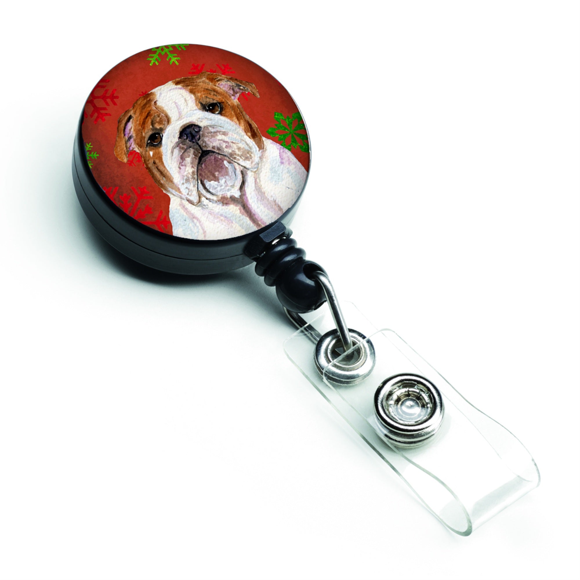 Caroline'S Treasures Bulldog English Red & Green Snowflake Christmas Badge Reel, Multicolor (Ss4691Br)