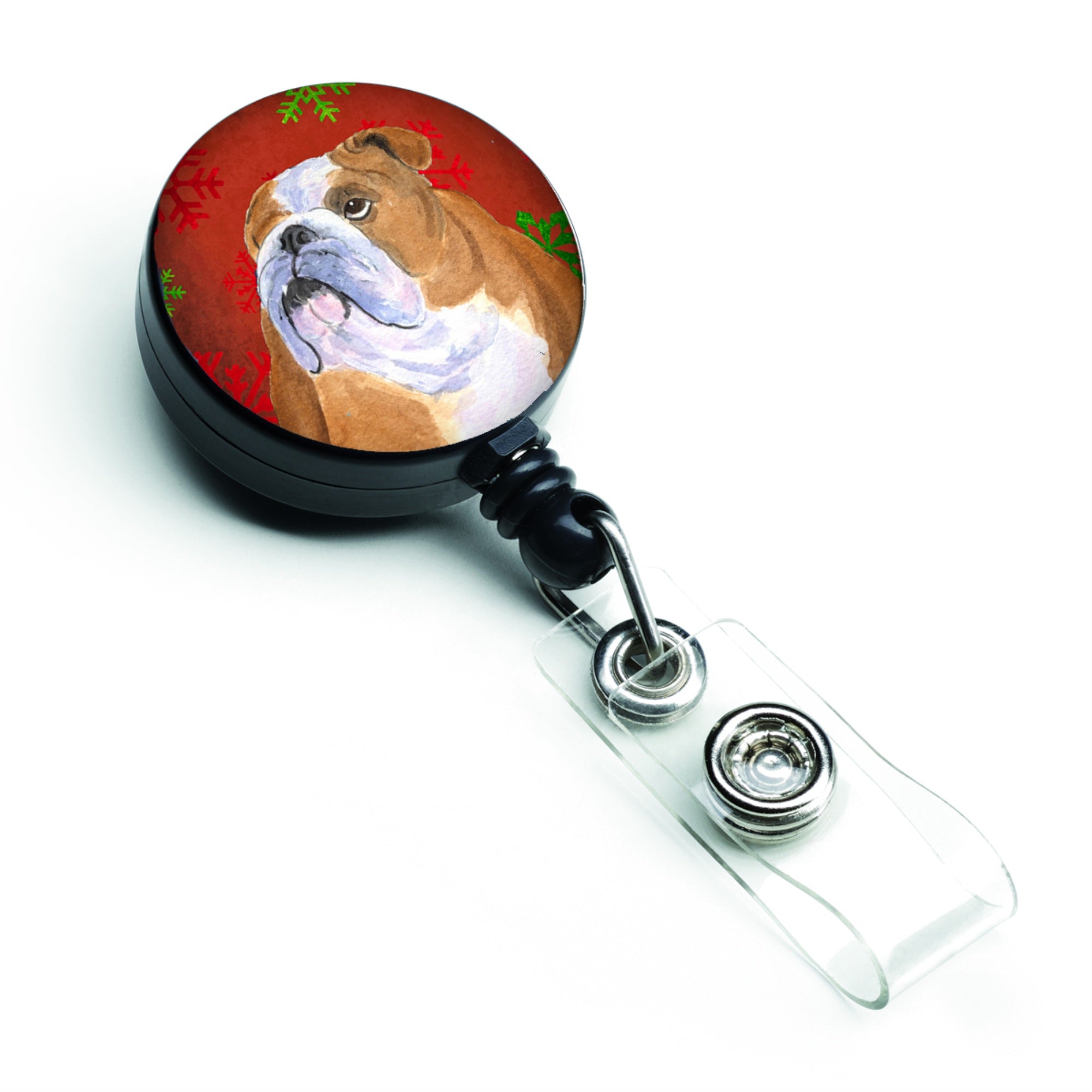 Caroline'S Treasures Bulldog English Red & Green Snowflake Christmas Badge Reel, Multicolor (Ss4698Br)