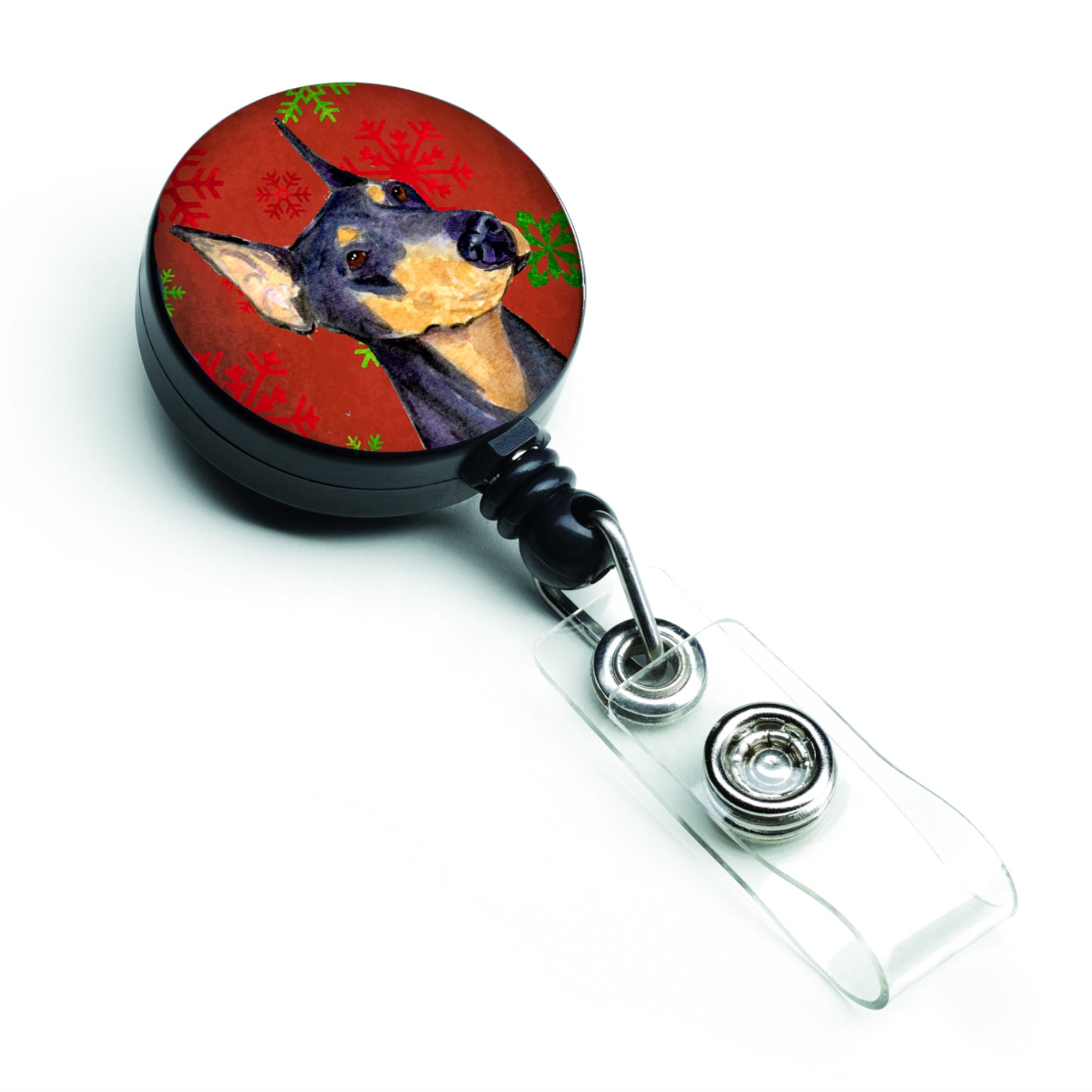 Caroline'S Treasures Doberman Red & Green Snowflakes Christmas Retractable Badge Reel, Multicolor (Ss4702Br)