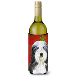 Bearded Collie Red And Green Snowflakes Holiday Christmas Wine Bottle Beverage Insulator