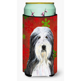 Bearded Collie Red And Green Snowflakes Holiday Christmas Tall Boy Beverage Insulator