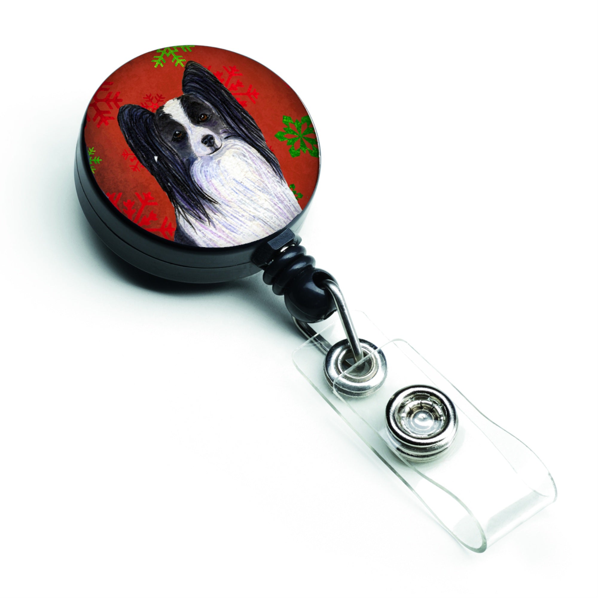 Caroline'S Treasures Papillon Red & Green Snowflakes Christmas Retractable Badge Reel, Multicolor (Ss4712Br)