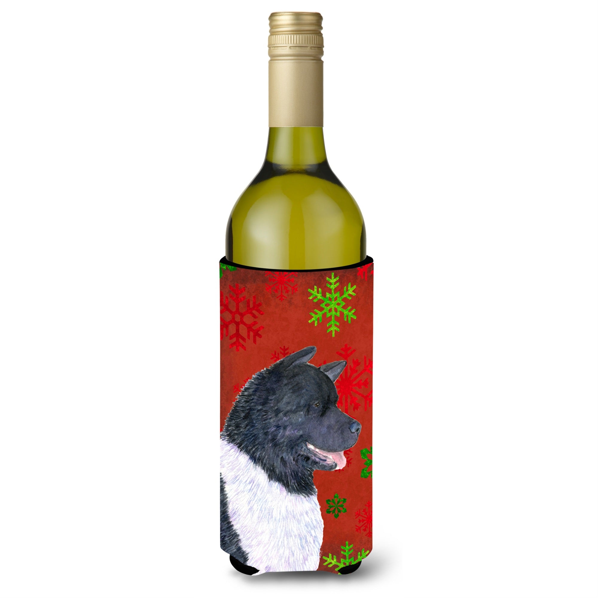 Akita Red And Green Snowflakes Holiday Christmas Wine Bottle Beverage Insulator Beverage Insulator Hugger