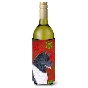 Akita Red And Green Snowflakes Holiday Christmas Wine Bottle Beverage Insulator Beverage Insulator Hugger