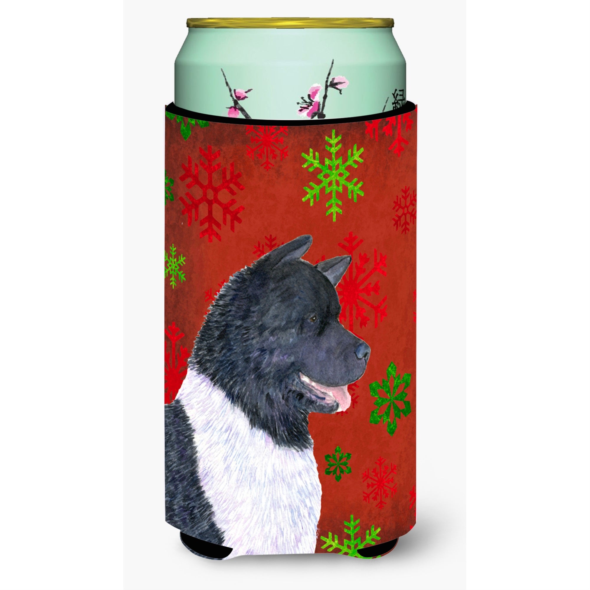 Akita Red And Green Snowflakes Holiday Christmas Tall Boy Beverage Insulator Beverage Insulator Hugger