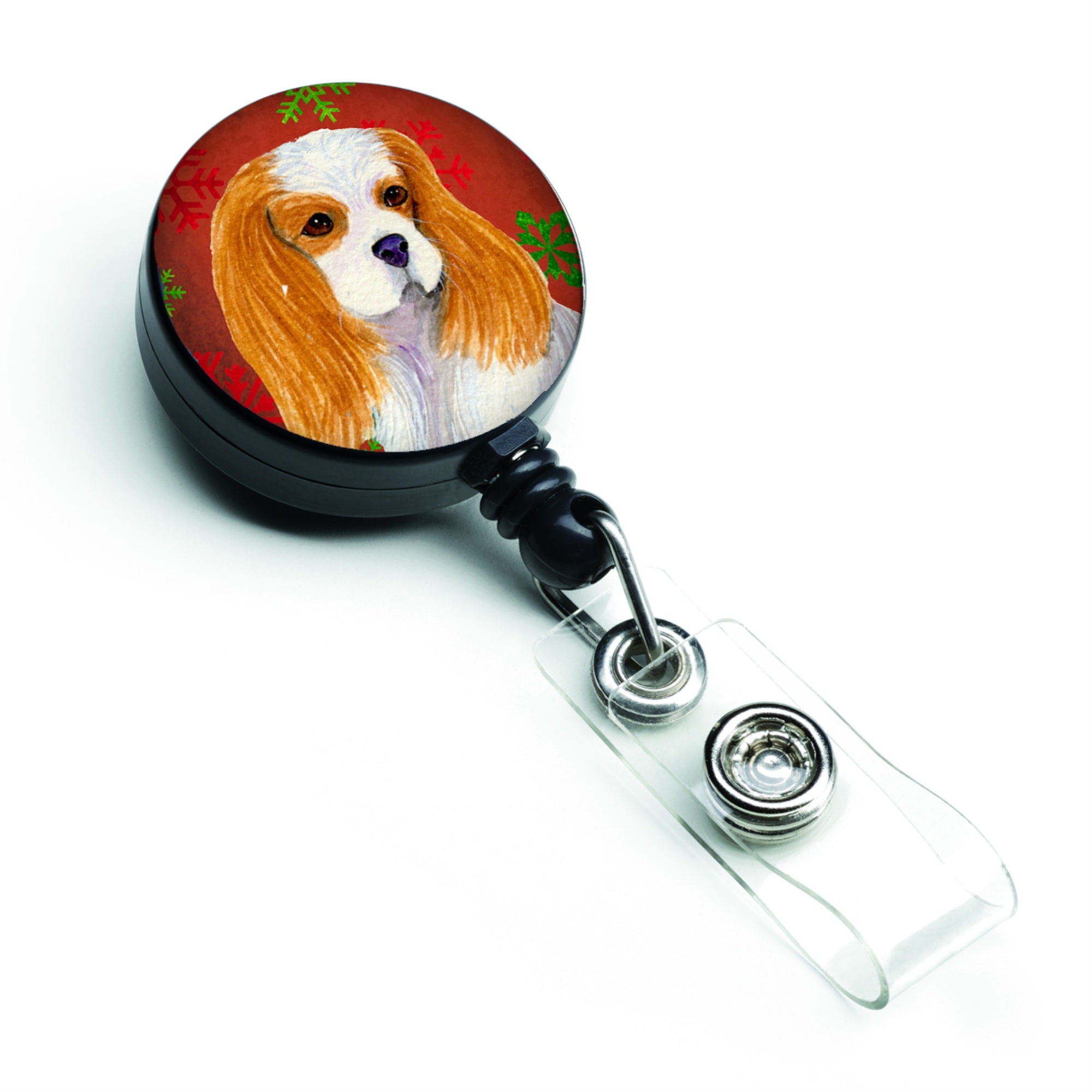 Caroline'S Treasures Cavalier Spaniel Red & Green Snowflake Christmas Badge Reel, Multicolor (Ss4734Br)