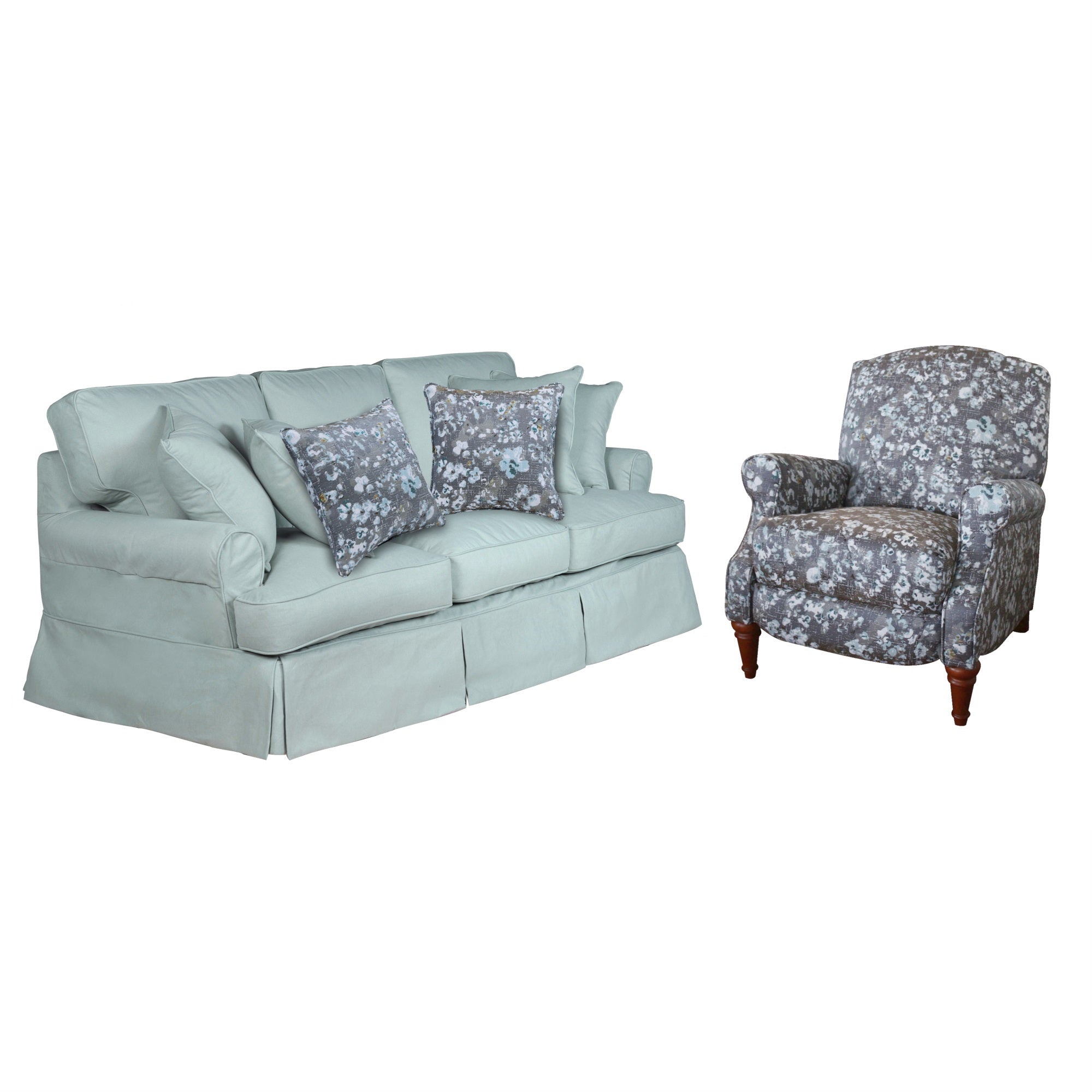 Sunset Trading Horizon 2 Piece Living Room Set | Ocean Blue Performance Fabric Slipcovered Sofa | Seascape Manual Recliner With