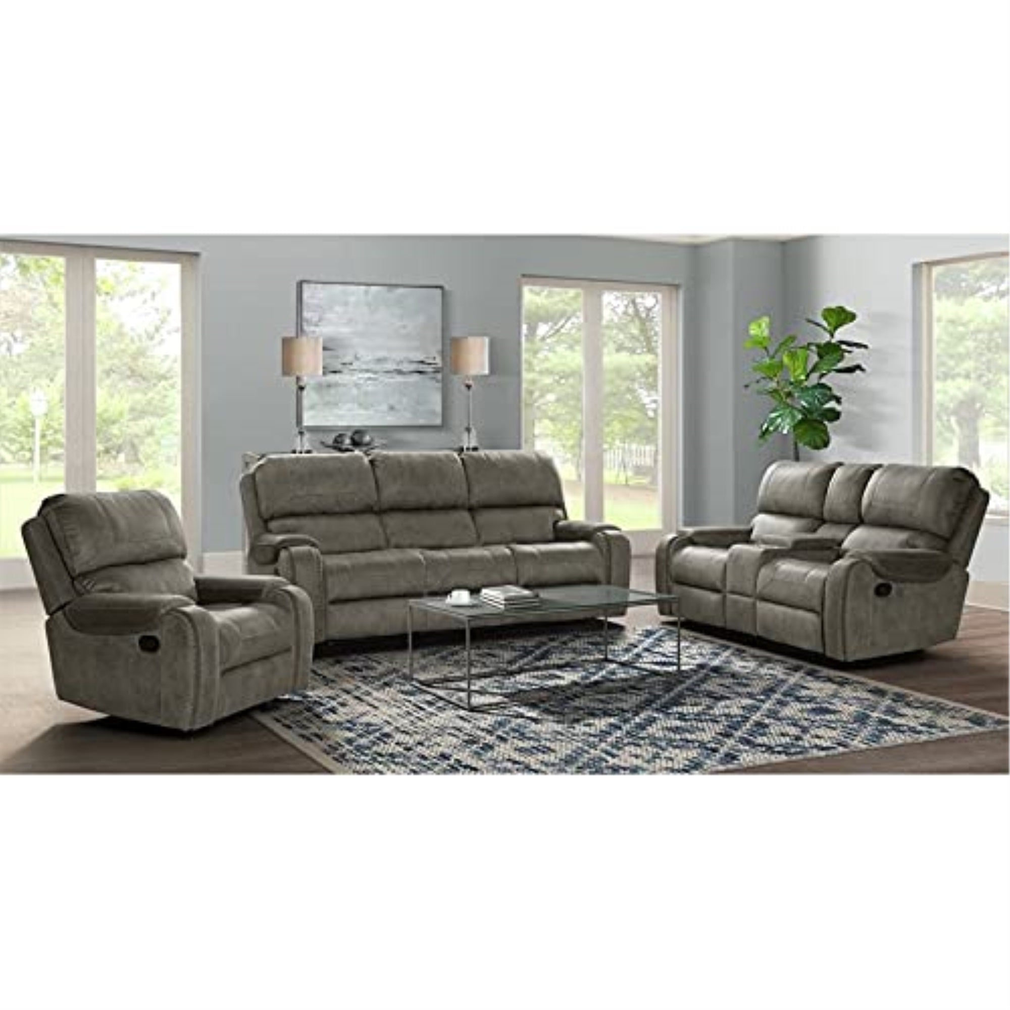 Sunset Trading Calvin 3 Piece Reclining Living Room Set | Sofa, Recliner And Loveseat With Storage Console | Nailheads | Easy To