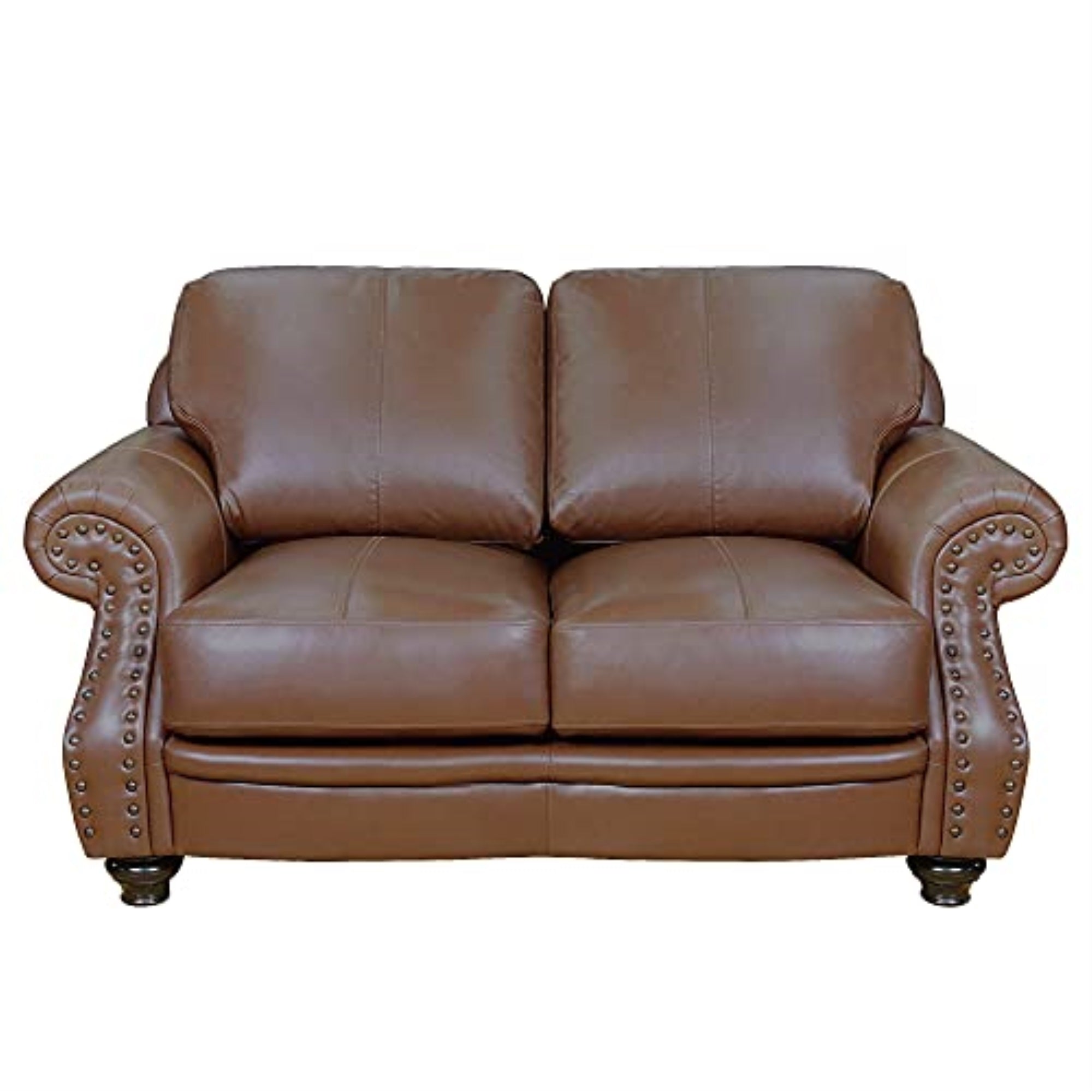Sunset Trading Charleston 63 Wide Top Grain Leather Loveseat | Chestnut Brown Rolled Arm Small Couch With Nailheads