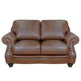 Sunset Trading Charleston 63 Wide Top Grain Leather Loveseat | Chestnut Brown Rolled Arm Small Couch With Nailheads