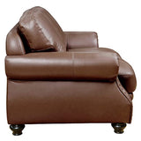 Sunset Trading Charleston 63 Wide Top Grain Leather Loveseat | Chestnut Brown Rolled Arm Small Couch With Nailheads