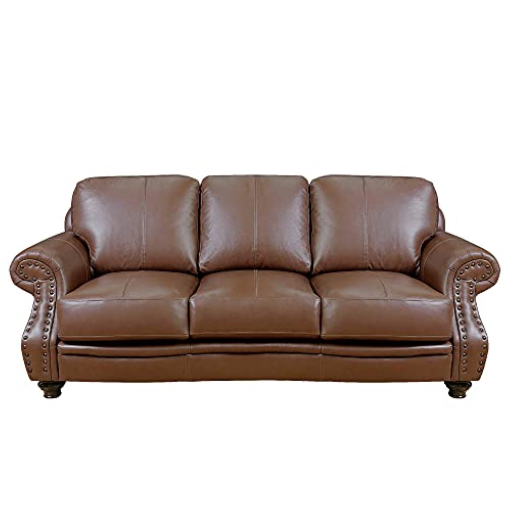 Sunset Trading Charleston 86 Wide Top Grain Leather Sofa | Chestnut Brown 3 Seater Rolled Arm Couch With Nailheads