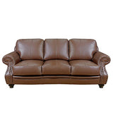 Sunset Trading Charleston 86 Wide Top Grain Leather Sofa | Chestnut Brown 3 Seater Rolled Arm Couch With Nailheads