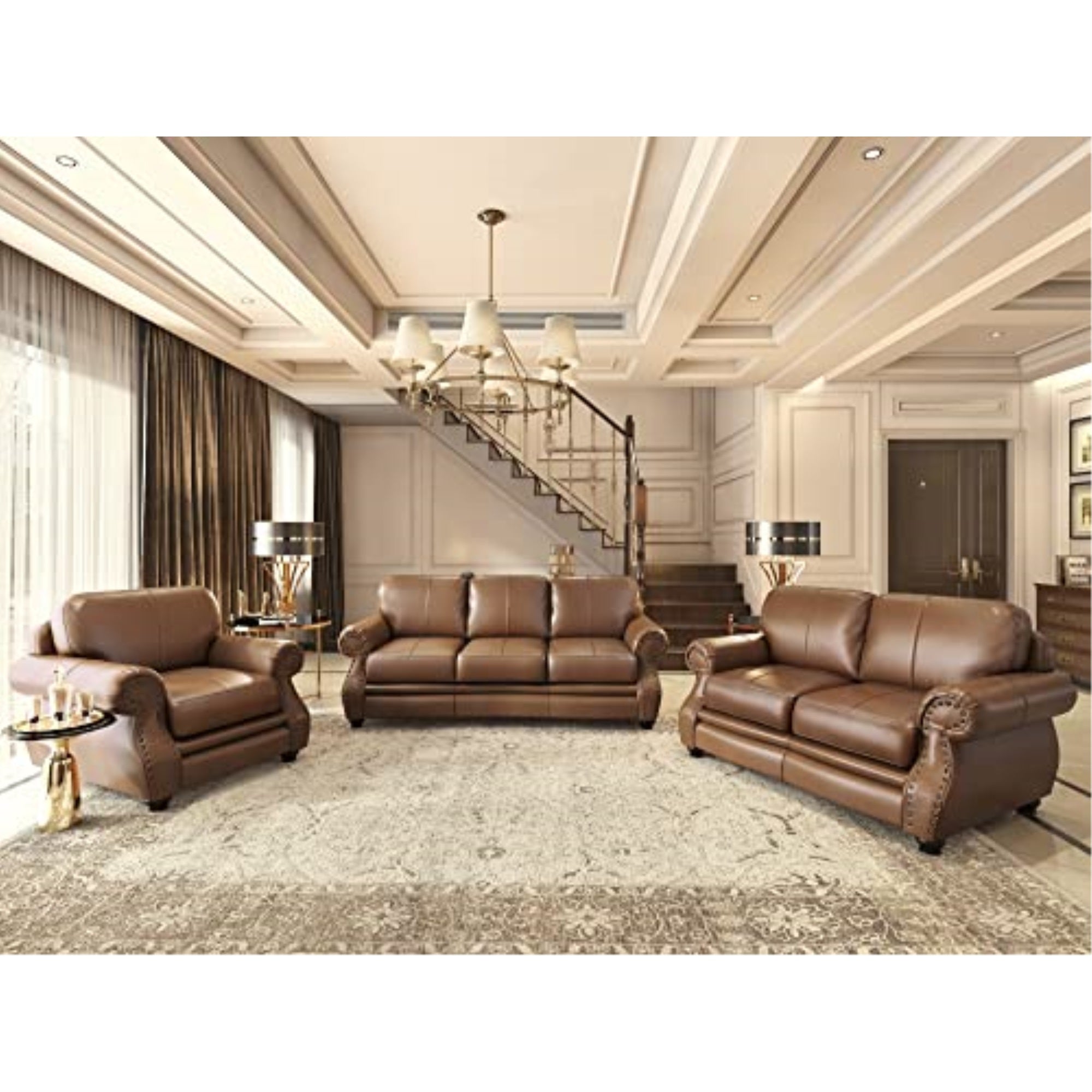 Sunset Trading Charleston 3 Piece Top Grain Leather Living Room Set | Chestnut Brown Rolled Arm Sofa Loveseat And Chair With Nai