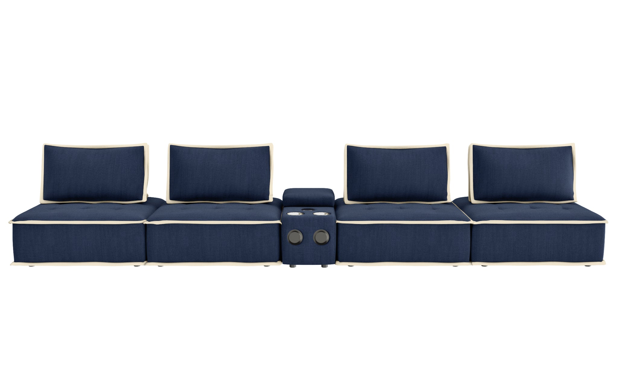 Sunset Trading Pixie 5 Piece Sofa Sectional | Modular Couch | Bluetooth Speaker Console Outlets Usb Storage Cupholders | Navy Bl