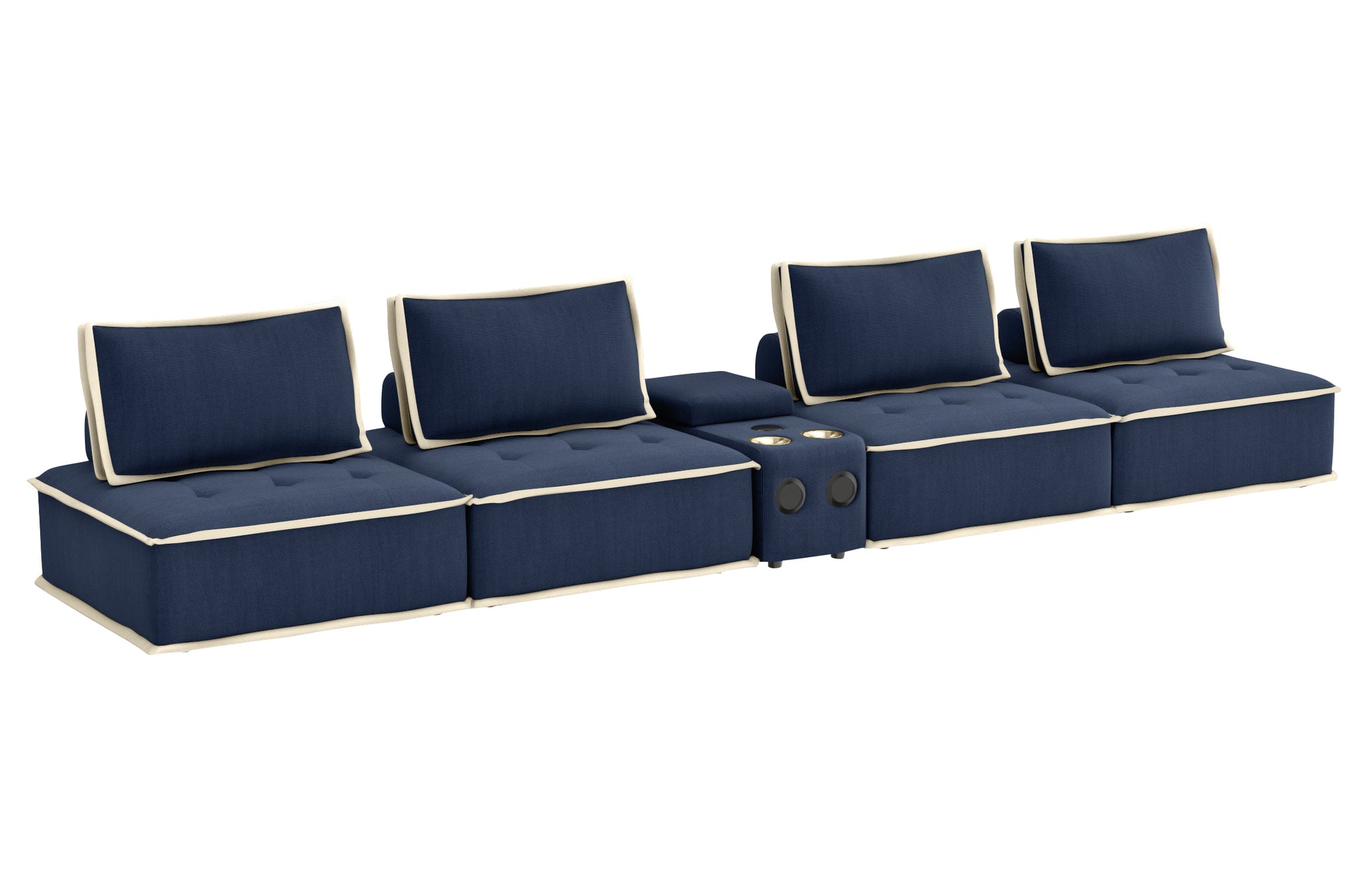 Sunset Trading Pixie 5 Piece Sofa Sectional | Modular Couch | Bluetooth Speaker Console Outlets Usb Storage Cupholders | Navy Bl