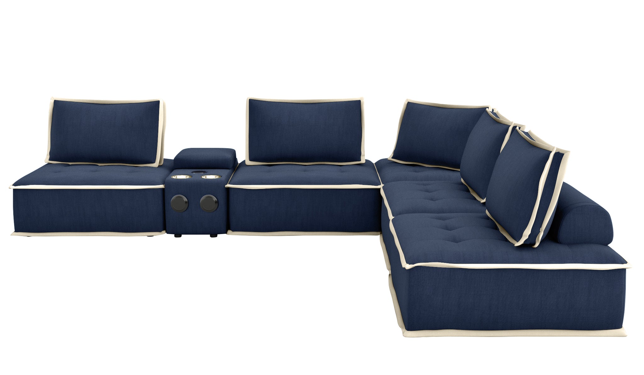 Sunset Trading Pixie 6 Piece Sofa Sectional | Modular Couch | Bluetooth Speaker Console Outlets Usb Storage Cupholders | Navy Bl
