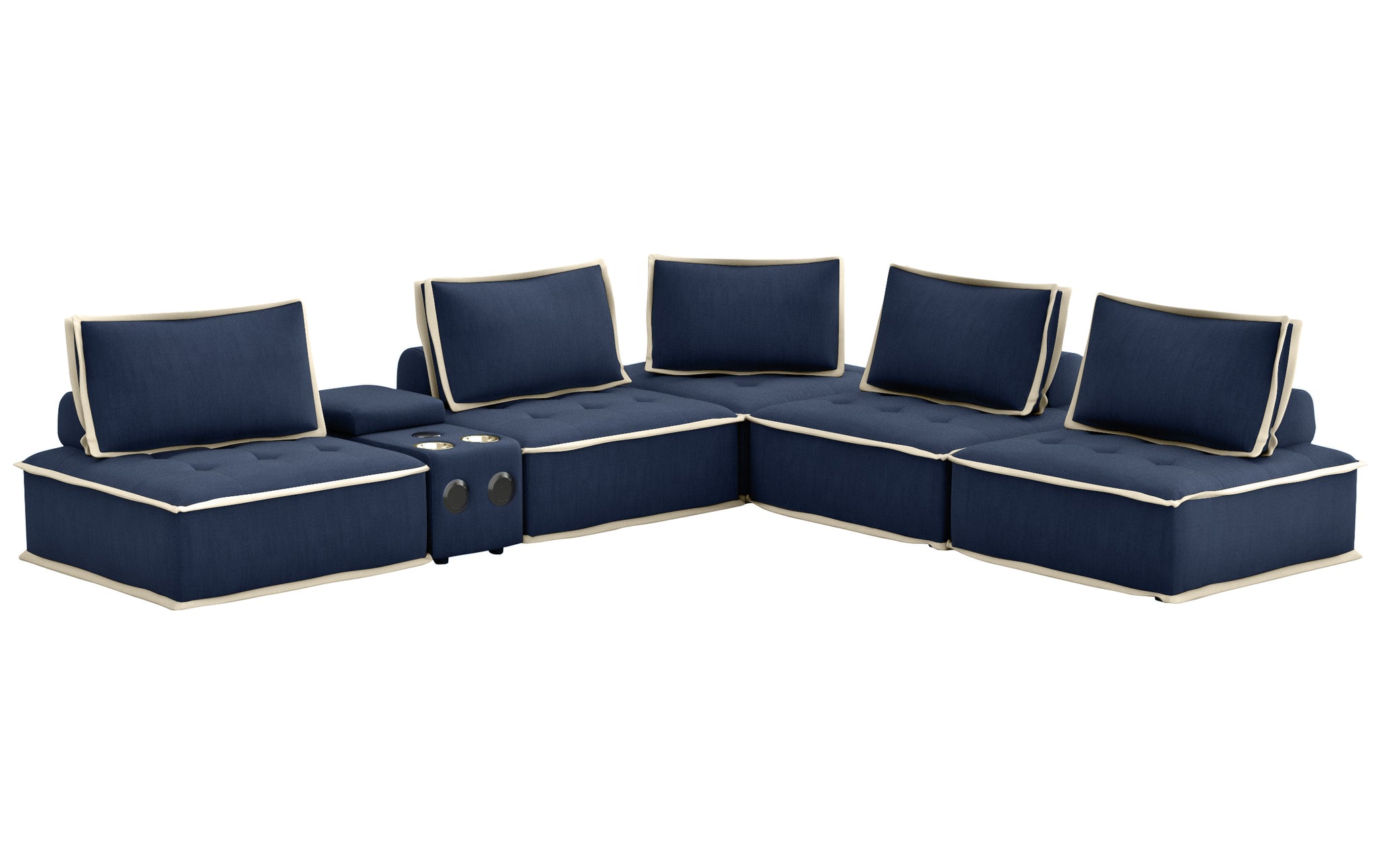 Sunset Trading Pixie 6 Piece Sofa Sectional | Modular Couch | Bluetooth Speaker Console Outlets Usb Storage Cupholders | Navy Bl