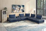Sunset Trading Pixie 6 Piece Sofa Sectional | Modular Couch | Bluetooth Speaker Console Outlets Usb Storage Cupholders | Navy Bl