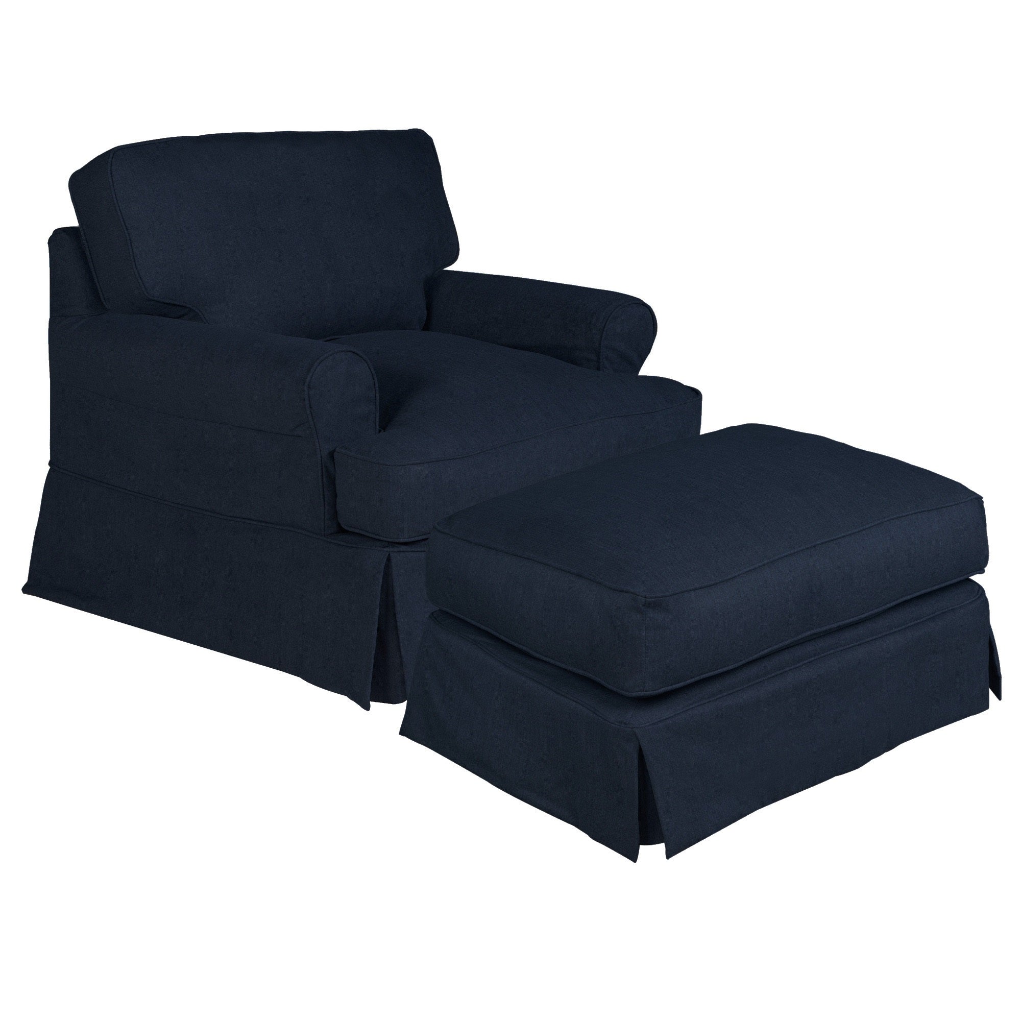 Sunset Trading Horizon Slipcovered T-Cushion Chair With Ottoman | Stain Resistant Performance Fabric | Navy Blue