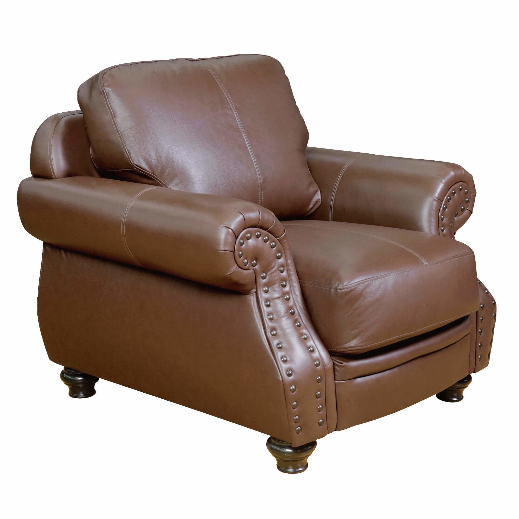Sunset Trading Charleston 42 Wide Top Grain Leather Armchair | Chestnut Brown Rolled Arm Accent Chair With Nailheads