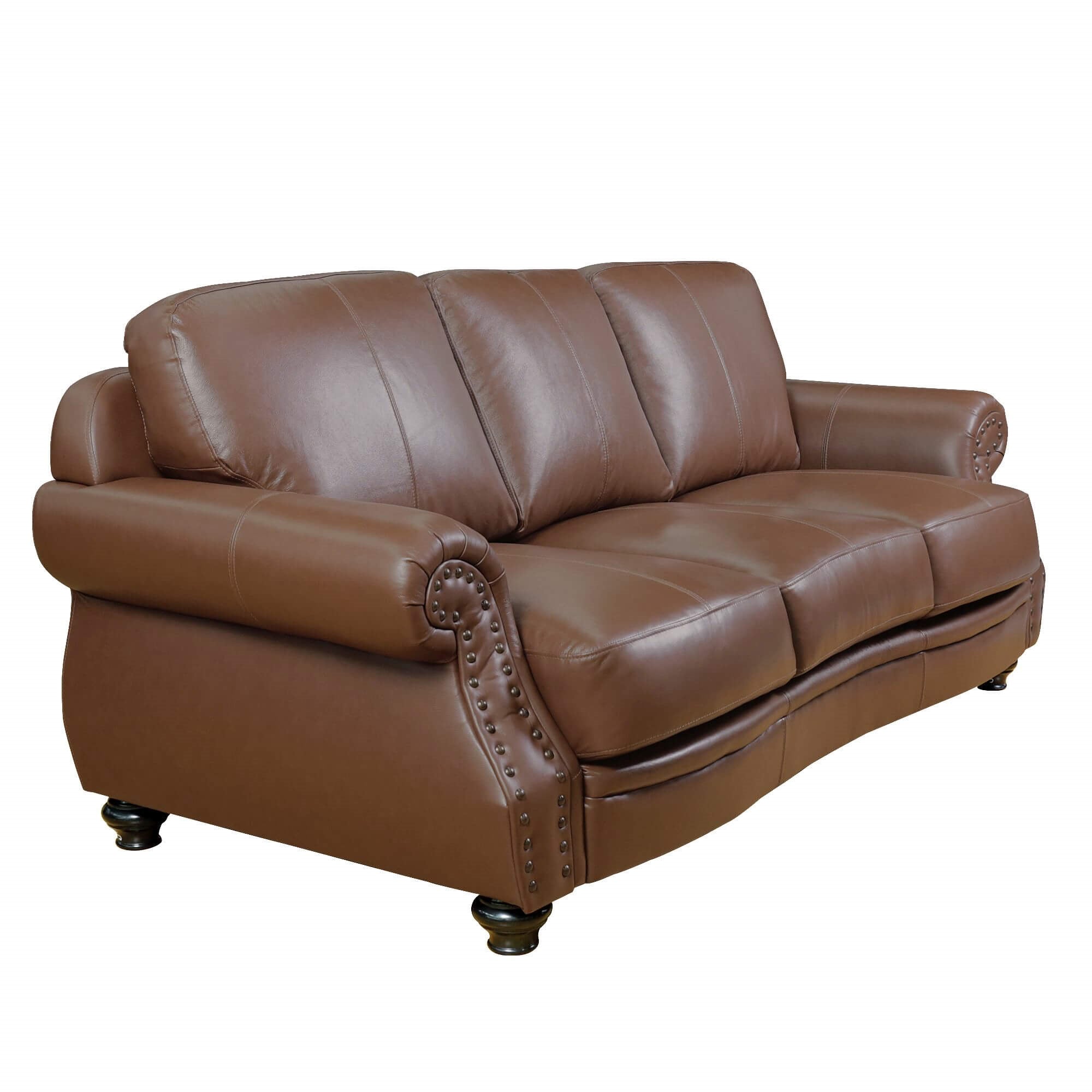 Sunset Trading Charleston 86 Wide Top Grain Leather Sofa | Chestnut Brown 3 Seater Rolled Arm Couch With Nailheads