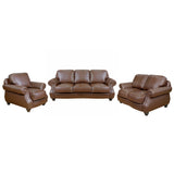 Sunset Trading Charleston 3 Piece Top Grain Leather Living Room Set | Chestnut Brown Rolled Arm Sofa Loveseat And Chair With Nai