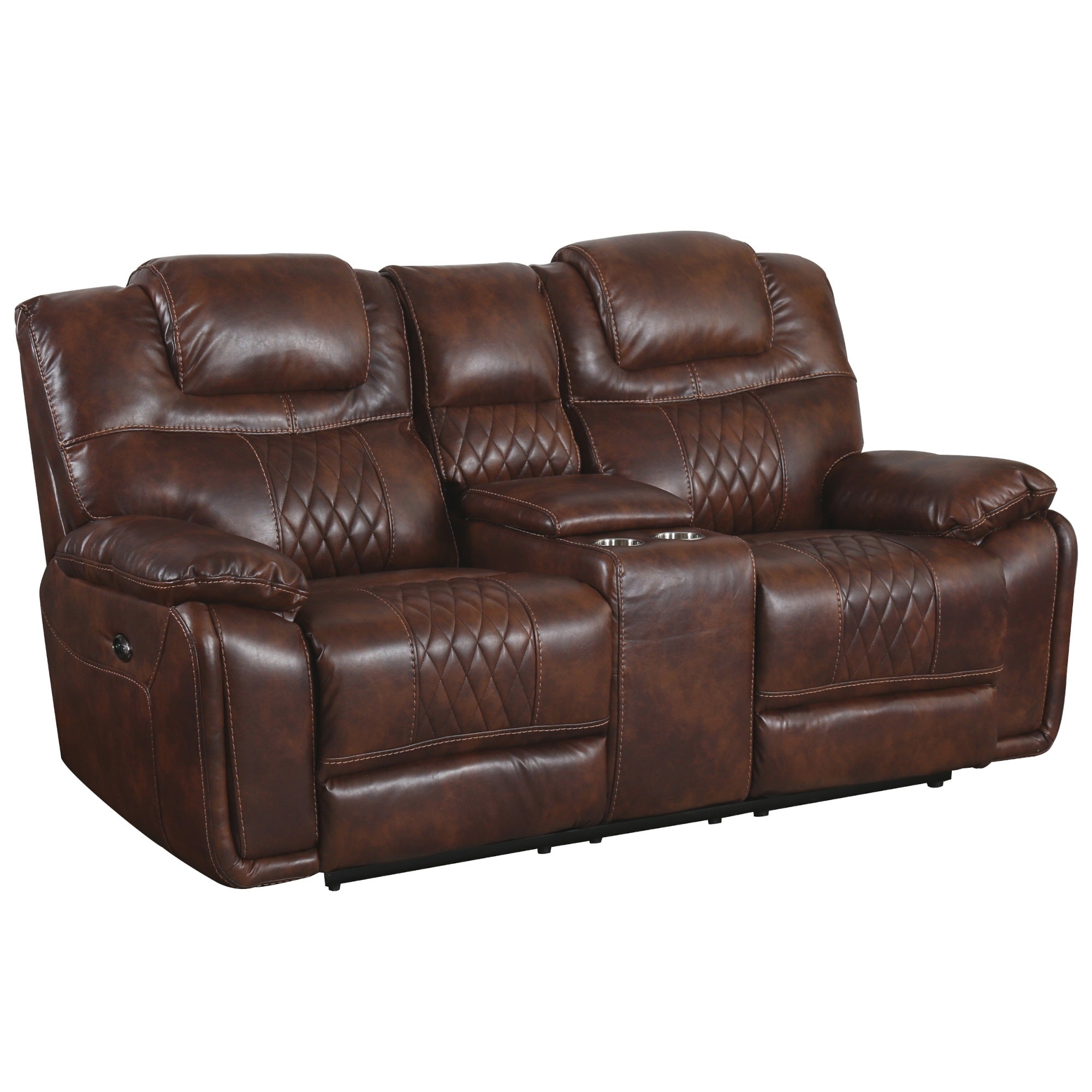 Sunset Trading Diamond Power Dual Reclining Loveseat| Center Console With Cup Holders |Brown Leather Gel