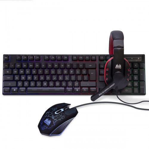 3-In-1 Gaming Kit For Starter, Tri-Color (Red, Blue, Green) Led Usb Spill Proof Keyboard, Led Backlit Usb Wired 2400 Dpi 6-Butto