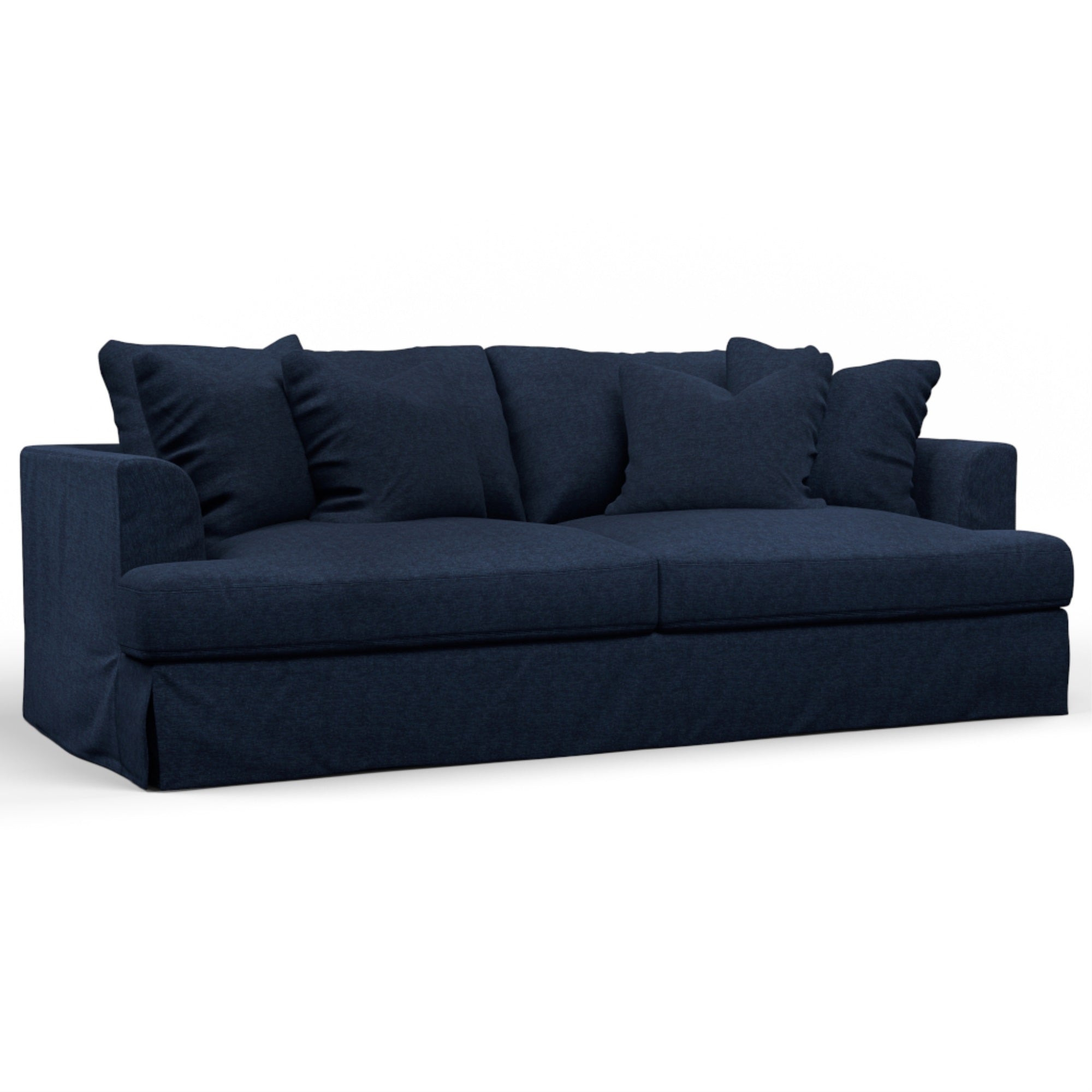Sunset Trading Newport Slipcovered Recessed Fin Arm 94 Sofa | Stain Resistant Performance Fabric | 4 Throw Pillows | Navy Blue