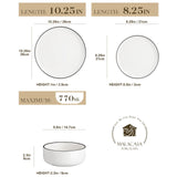MALACASA 12/24 Piece Black Rim Ceramic Porcelain Dinnerware Set with 4/8 Pcs Dinner/Dessert Plates/Bowl Tableware Set for 4