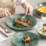 Vancasso KARST 16/32/48 Piece Green Embossed Stoneware Tableware Set with Dinner/Dessert Plate/Soup Bowl/Mug Service for 4/8/12